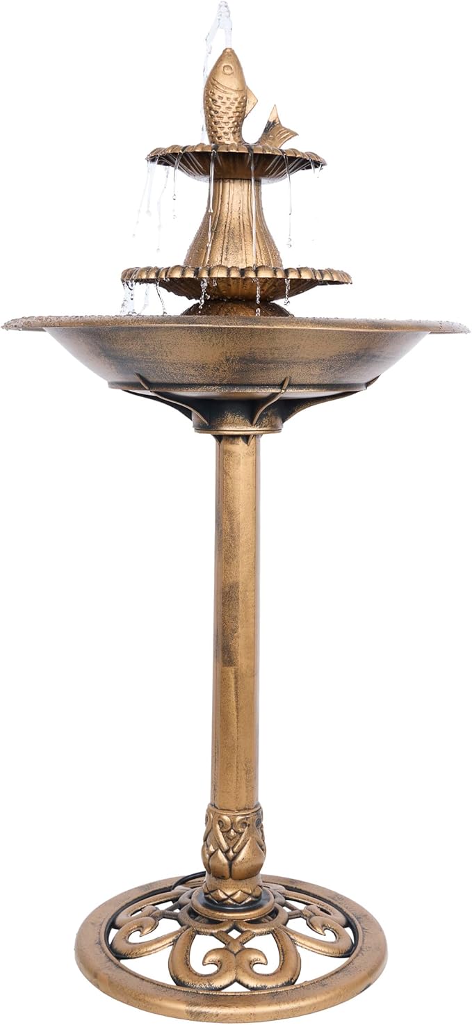 Alpine Corporation 40" Tiered Pedestal Fish Fountain Birdbath, Cascading Outdoor Water Feature for Garden, and Backyard Décor, Gold