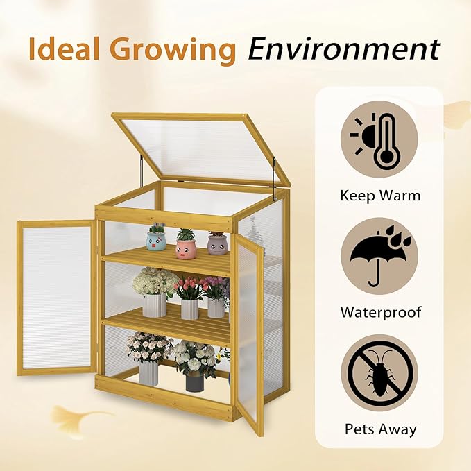 Greenhouse Wooden Cold Frame Greenhouse, Garden Portable Mini Greenhouse Cabinet,2-Tier Wooden Cold Frame Garden Greenhouse with Transparent Polycarbonate Sheet, Keep Plant Warm Enough (Brown)