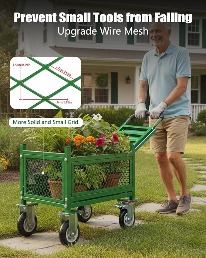 Garden cart with seat and Wheels - Lockable 360 Swivel Wheels & Heavy‑Duty – Foam Handle Grip, Large Mesh Storage Basket – Comfortable Garden Rolling Seat for Seniors, Patio, Lawn & Yard