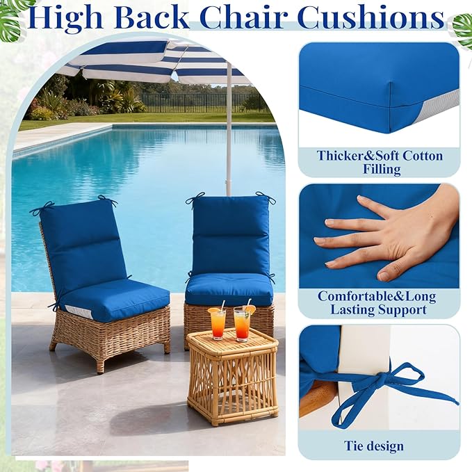 Geelin 4 Pack Outdoor/Indoor High-Back Chair Cushions 44×21 in, Stuffed Tufted Replacement Patio Chair Cushions with Ties Weather Resistant Pads for Patio Furniture (Blue)
