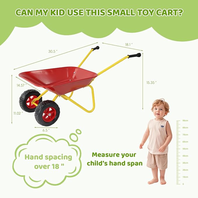 Kids Metal Wheelbarrow with Single Wheel,Children Garden Cart with Steel Tray and Non-Slip Handles, Sturdy Outdoor Yard Toy for Toddlers, Ideal for Sand, Leaves, and Soil (Red-Two-Wheel)