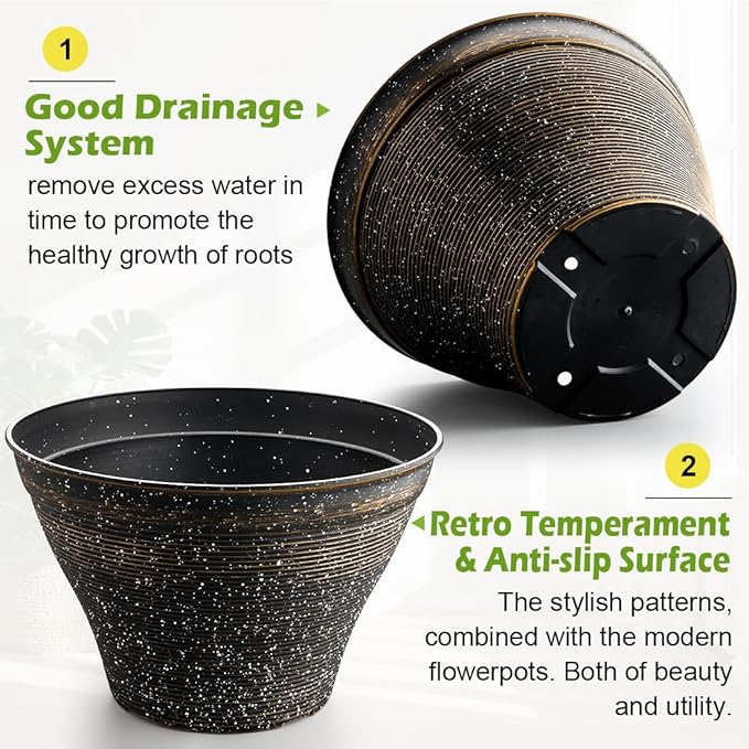 RooTrimmer 15.7 Inch Plant Pots 4 Pack, Large Planter Pots for Plants Indoor Outdoor, Sturdy Plastic Flower Pots with Drainage Hole, Retro Decorative Garden Pots, Plant Containers for House, Black
