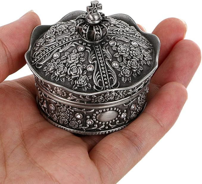 Hipiwe Vintage Small Jewelry Box Crown Design Metal Trinket Organizer