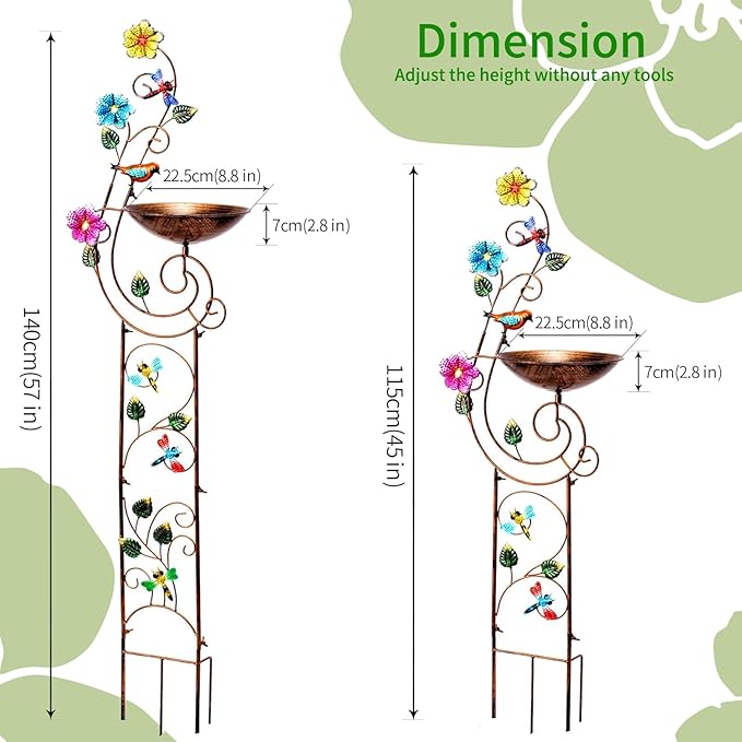YYWMWM 57" Height Metal Bird Bath with Trellis for Outdoor, Vintage Decorative Bird Baths, Small Garden Plant Support, Antique BirdBath for Climbing Plants with Detachable Iron Bowl (Dragonfly)