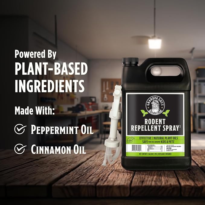Grandpa Gus's Rodent Repellent Spray, Natural Peppermint Oil, 128 Fl Oz | Peppermint & Cinnamon Oil Deterrent Spray for Rodents & Mice, Non-Staining Formula, for Cars, RVs & Garages, Kid & Pet Safe