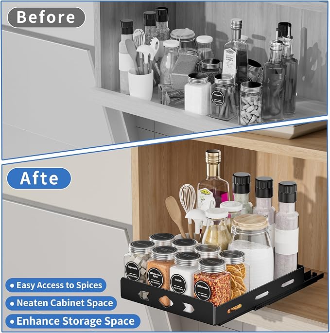 BOIVSHI Pull Out Spice Rack for Cabinet, 1 Tier, 8.4" Wx10.5 Dx2.8 H | Heavy Duty Metal Spice Rack Organizer for Pantry, Vertical Design Saves Space Inside the Cabinets, Black