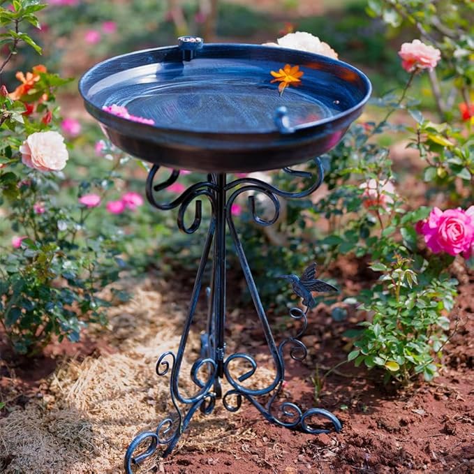 VEWOGARDEN Large Metal Bird Bath for Outside Garden Standing Birdbath with Folding Bracket for Outdoors Yard Patio Decoration, Blue