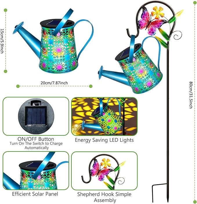 Solar Lights Outdoor Decorative, Blue Metal Solar Watering Can Lights Waterproof, Gifts for Women Mom Mother's Day, Hanging Lantern Decoration Garden Decor Yard Light for Outside Patio Lawn Porch
