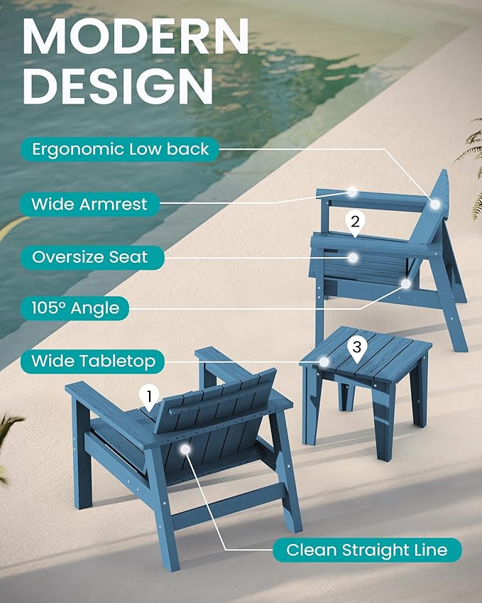 SERWALL Adirondack Chair Set, Includes Adirondack Chairs Set of 2 and 1 Piece Outdoor Side Table, HDPE Bistro Set- Blue