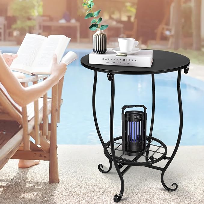 2 Tier Outdoor Side Table,14" Diameter and 17" H Weather Resistant Metal Round Outdoor End Table Side Table for Patio Yard Porch Balcony Garden Bedside,Suitable for Indoor and Outdoor use
