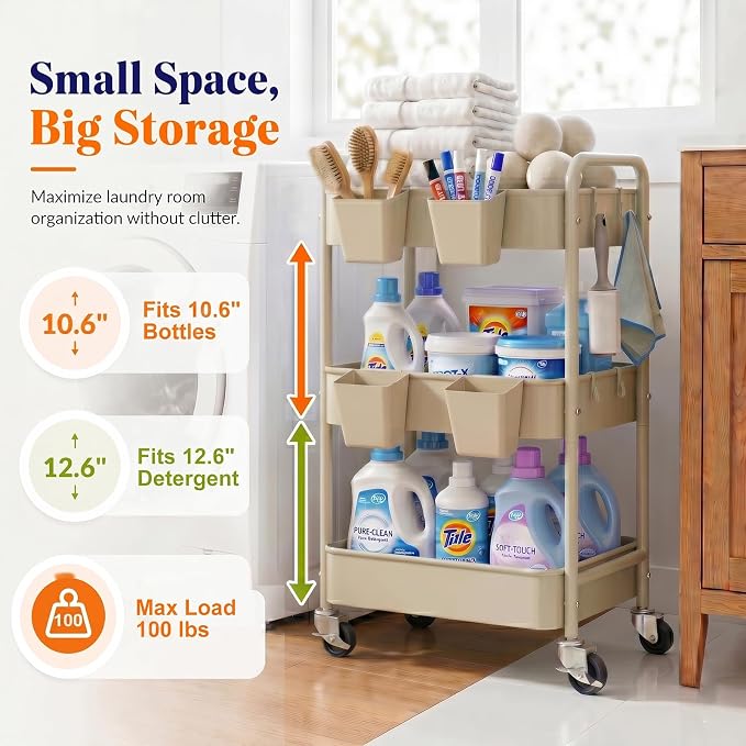Beige 3 Tier Rolling Storage Cart Metal on Wheels, Cream Diaper Caddy Carts