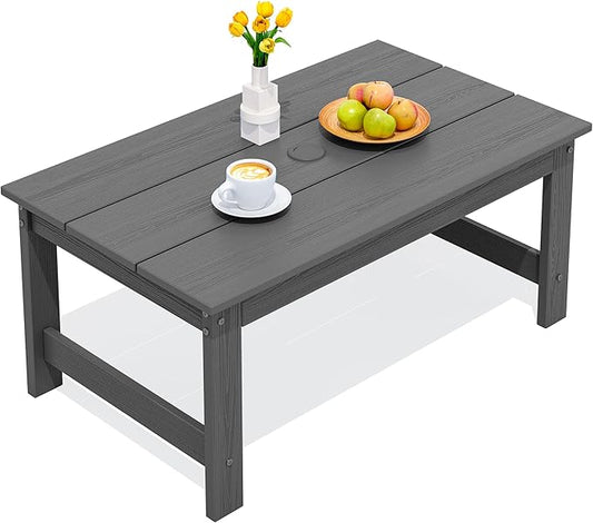 SERWALL HDPE Patio Coffee Table, Rectangle Outdoor Coffee Table, All-Weather Coffee Side Table for Balcony, Poolside, Deck, Garden, Gray