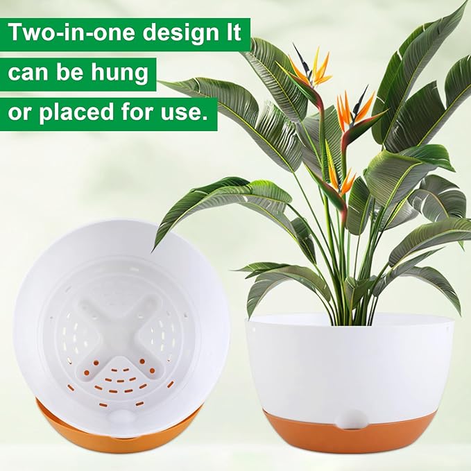 Nooulap 8/8/10/12 Inch Pots for Indoor Plants, 4 Pack Large Self Watering Planters with Drainage and Saucers, Plastic Outdoor Flower Pot(White)