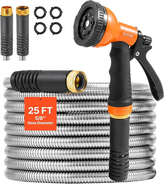 VEVOR Metal Garden Hose 25 ft, Rust Proof Stainless Steel Water Hose, Heavy Duty Backyard Hose with 10 Function Nozzle, No-Kink & Flexible Water Pipe, Lightweight Metal Hose for Yard, Outdoor