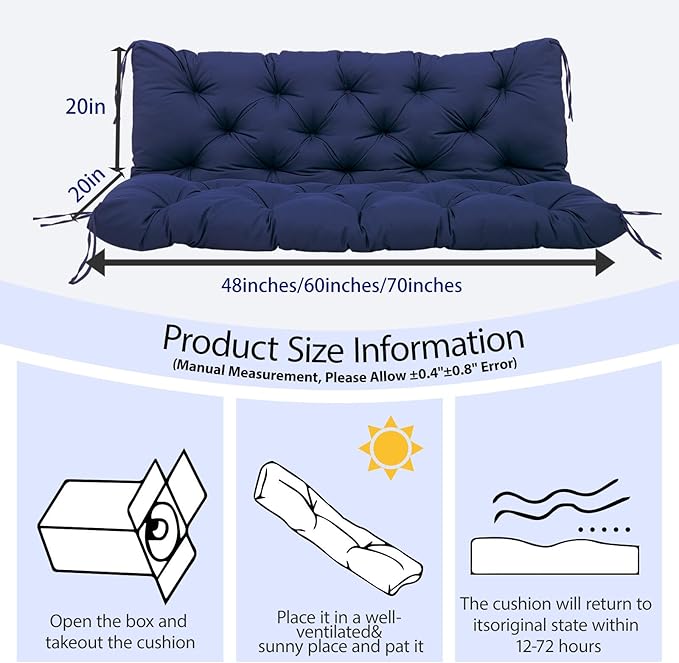 Durable Extra 5" Thick Waterproof Outdoor Swing Cushions 60inch Porch Swing Cushions 3 Seater Replacement Fade-Resistant with Backrest and 8 Ties for Outdoor Patio Long Bench Furniture