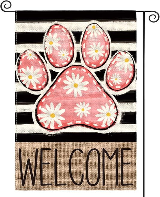 AVOIN colorlife Pink Paw Print Spring Garden Flag 12x18 Inch Double Sided Outside, Daisy Floral Welcome Stripes Yard Outdoor Flag