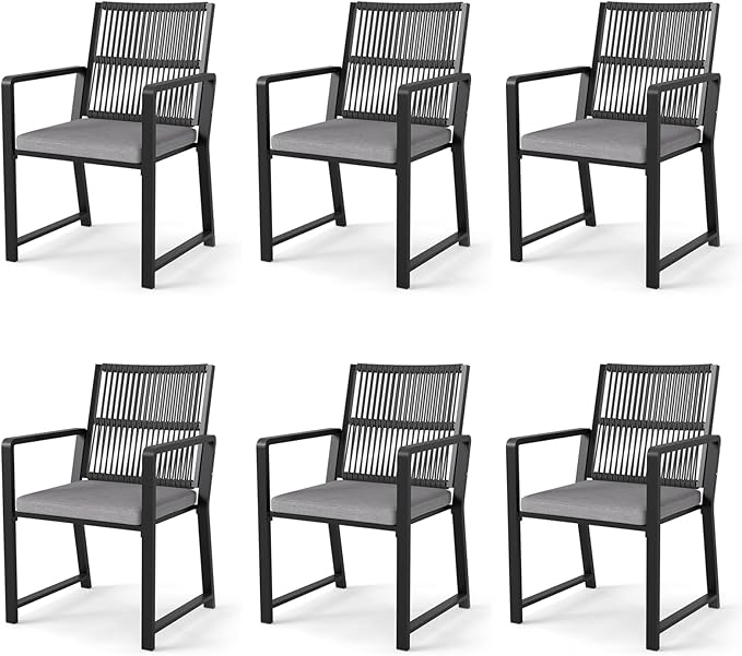 Outdoor Patio Wicker Rattan Dining Chairs, Heavy-Duty Wrought Iron Frame Supports 300lbs, Ergonomic Backrest, Detachable Breathable Cushion, for Garden & Porch, Black, Set of 6