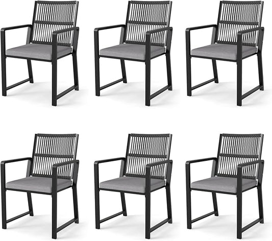 Outdoor Patio Wicker Rattan Dining Chairs, Heavy-Duty Wrought Iron Frame Supports 300lbs, Ergonomic Backrest, Detachable Breathable Cushion, for Garden & Porch, Black, Set of 6