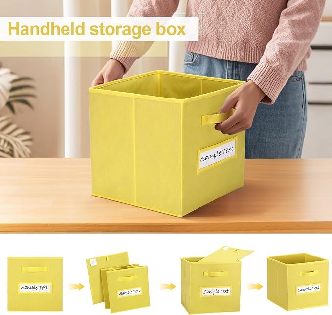 Fabric storage cubes (8 Pack) 13 Inch Cube Storage Bin, cube organizer bins with 8 Labels Window Cards & a Pen, Foldable cube organizer bins and Storage Box, Dark Yellow