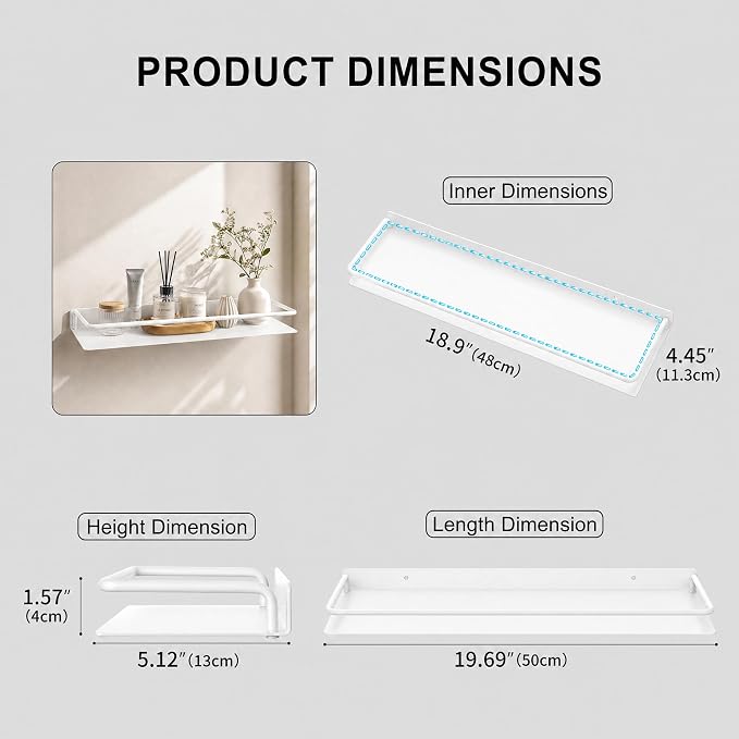 RFOUO 20 Inch Small Metal Wall Shelf with Guard Rail,White,1 Pack | Small Bathroom Shelf, Wall Mounted, Aluminum Floating Shelf, For Toothbrush Perfume Spice,Bathroom Bedroom Kitchen