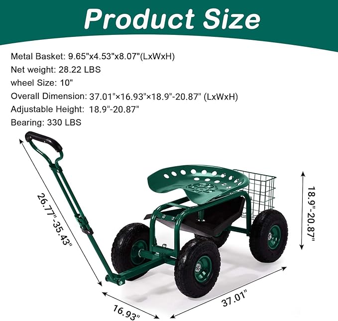 Outvita Garden Cart Rolling Workseat with Wheels, Gardening Stool with Adjustable 360 Degree Swivel Seat, Extendable Handle, Tool Tray & Storage Basket, Gardening Scooter for Yard, Planting, Green