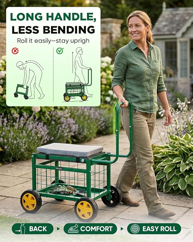 Saker Rolling Garden Cart with Seat & Wheels - 15.7'' EVA Padded Rolling Stool, 500 lb Steel Frame, Large Storage Basket - Garden Wagon Workseat for Patio Lawn Yard (Basic Version)