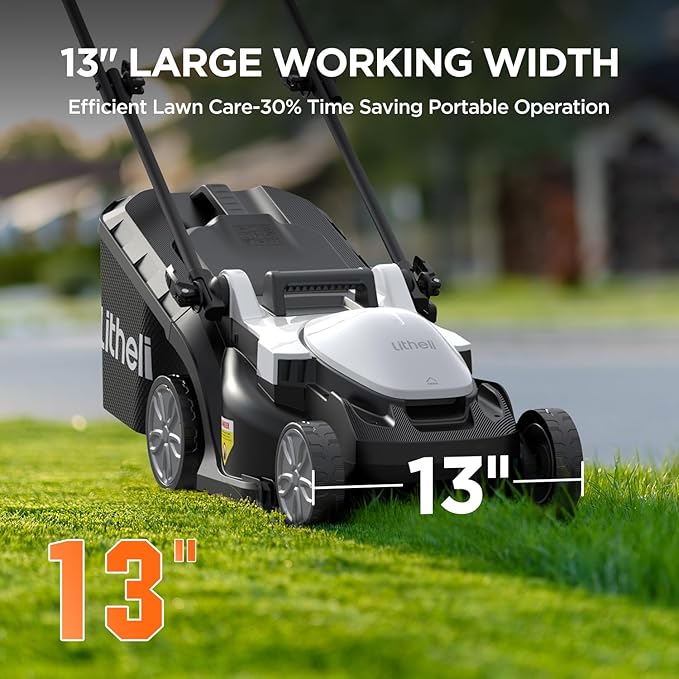 Litheli 13 Inch Cordless Lawn Mower, 5 Heights Adjustment, U20 Series 20V Electric Lawn Mowers for Garden, Yard and Farm, Light-Weight with Brushless Motor, 2 x 4.0Ah Portable Battery Included