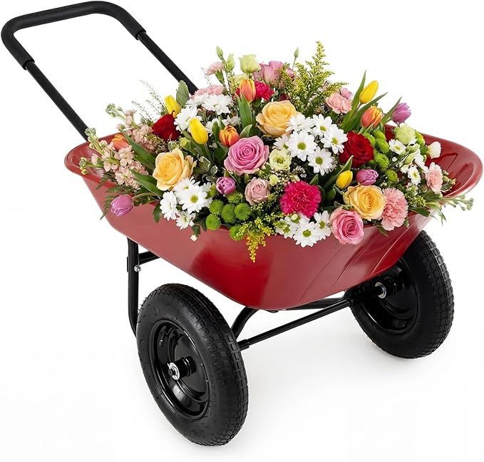 Enlarged Dual-Wheel Wheelbarrow, Easy Loading and Dumping Garden Cart, Heavy Duty Utility Dump Cart for Lawn, Yard, Farm, Gardening & Planting (Red)