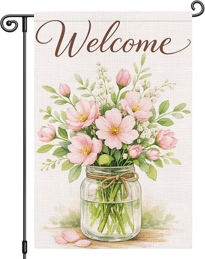 Heyfibro Spring Garden Flag 12x18 Inch Double Sided Welcome Florals Blossom Jar Garden Flag Small Yard Flags for Outside House Farmhouse Seasonal Spring Outdoor Decorations