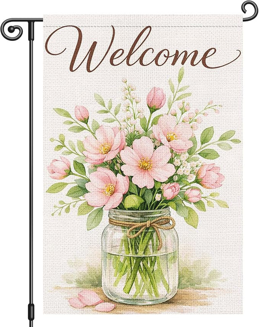 Heyfibro Spring Garden Flag 12x18 Inch Double Sided Welcome Florals Blossom Jar Garden Flag Small Yard Flags for Outside House Farmhouse Seasonal Spring Outdoor Decorations
