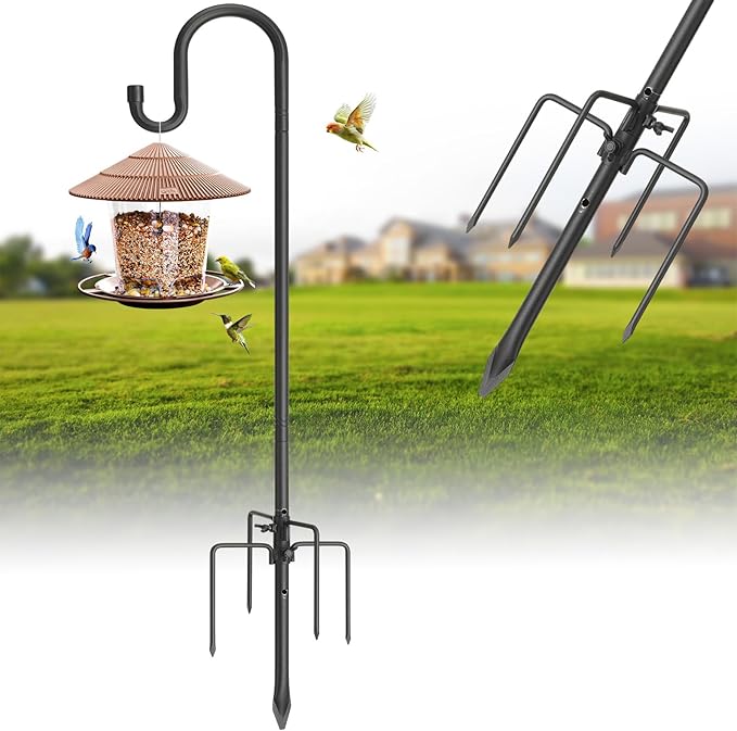 Bird Feeder Garden Hook - Heavy Duty Hummingbird Stand with Anti-tip Stake,46" Rustproof Shepards Pole with Hanger Holder for Hanging Birdfeeder,Planters,Flower Baskets,Black
