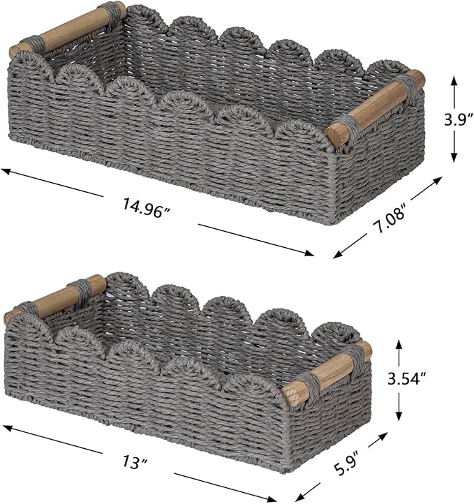 CubesLand Toilet Paper Storage Basket for Over Toilet Tank Storage | Handwoven Scalloped Shelves Basket for Organizing, Home Decor Baskets for Shelf, Countertop, Living Room, Bedroom, Grey