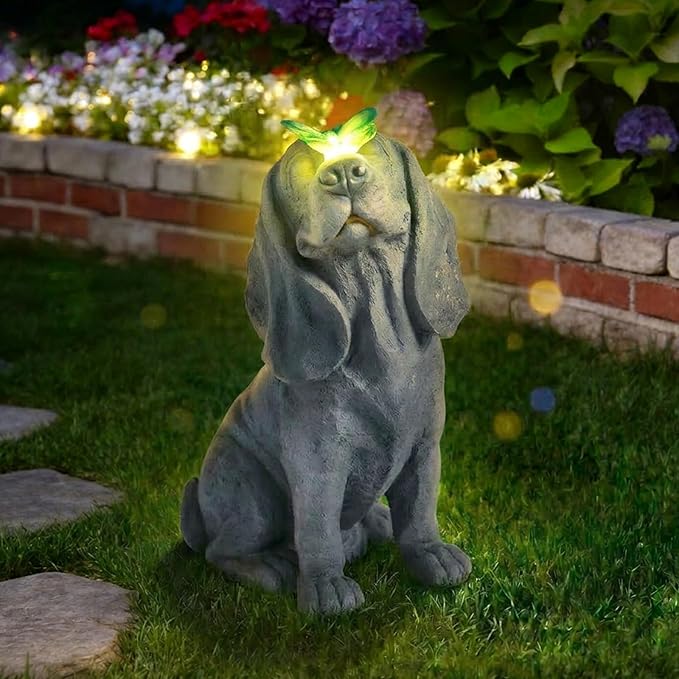 Garden Statue Dog Figurines - Outdoor Dog Statue with Solar Butterfly Lights for Patio Yard Art Decor Balcony Lawn Ornament, Ideal Housewarming Gardening Gifts for Mom