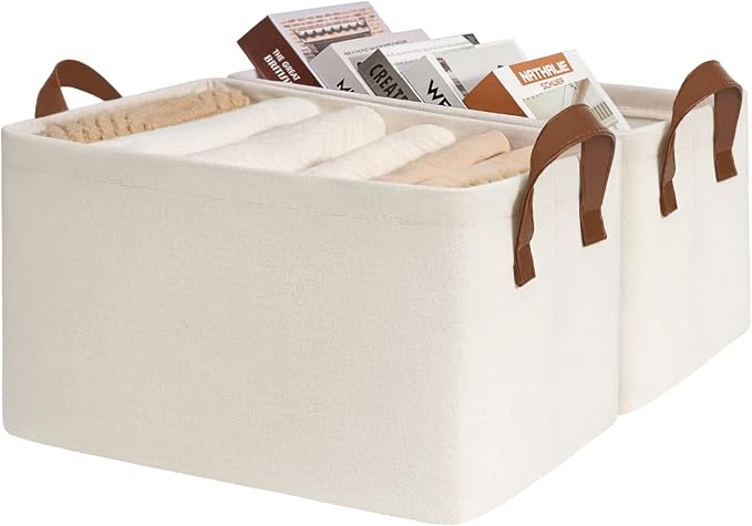 CHICVITA 20L Fabric Storage Bins for Shelves, Metal Frame, 2Pack, Beige | 14 ¾" L x 10 ¼" W x 8 ¼" H Collapsible Storage Baskets for Toys & Books, Bedroom & Living Room Organization, Leather Handles
