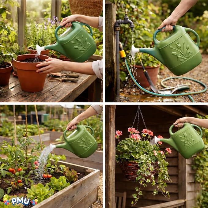 PMU 2 Gallon Watering Can - Garden Watering Can for Indoor & Outdoor Plants - Plastic Water Can with Detachable Sprinkler Head - Large Water Pot, Made in USA - Sage Green Pkg/3