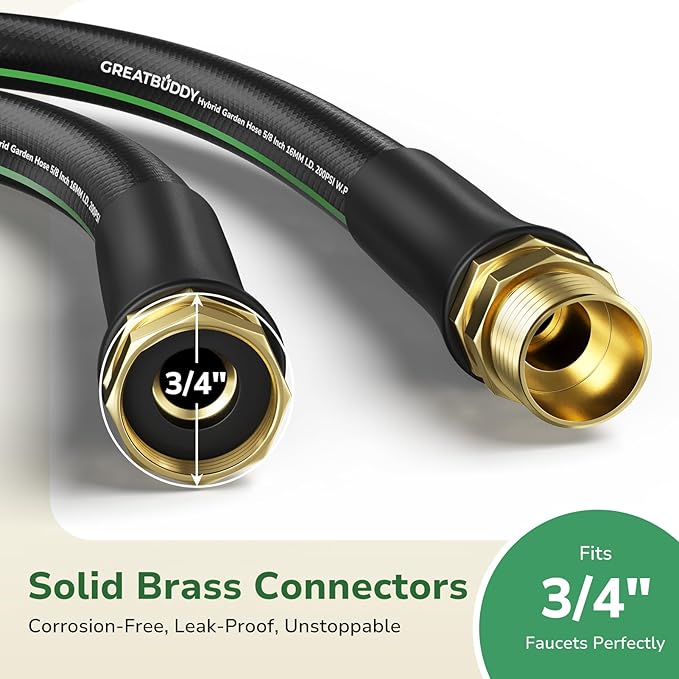 GreatBuddy Garden Hose 75ft, 5/8" Water Hose Heavy Duty, Flexible, Lightweight Hybrid Hose, Burst 600 PSI with Solid Brass Male to Female Fittings Leakproof Hose for Backyard, Garden