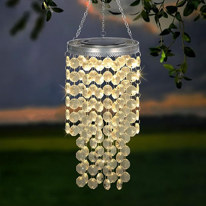Hanging Solar Lantern Outdoor, 2 Tiers 21” Solar Transparent Acrylic Beaded Chandelier with Warm White LED S Hooks for Garden Yard Patio Gazebo Outside Decor