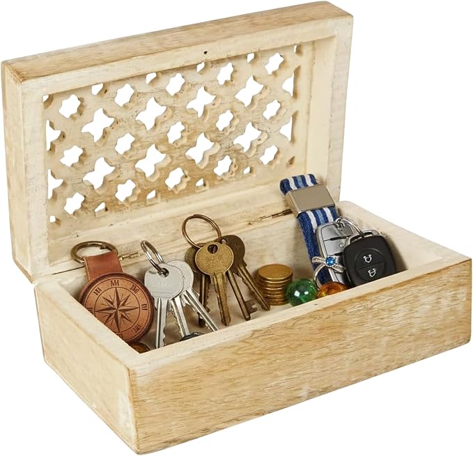 Mela Artisans Trellis Mango Wood Storage Box - Whitewash, 7.5x4.5 in | Hand-carved wooden jewelry box designed for keeping family keepsakes, daily accessories and premium home decor accents.