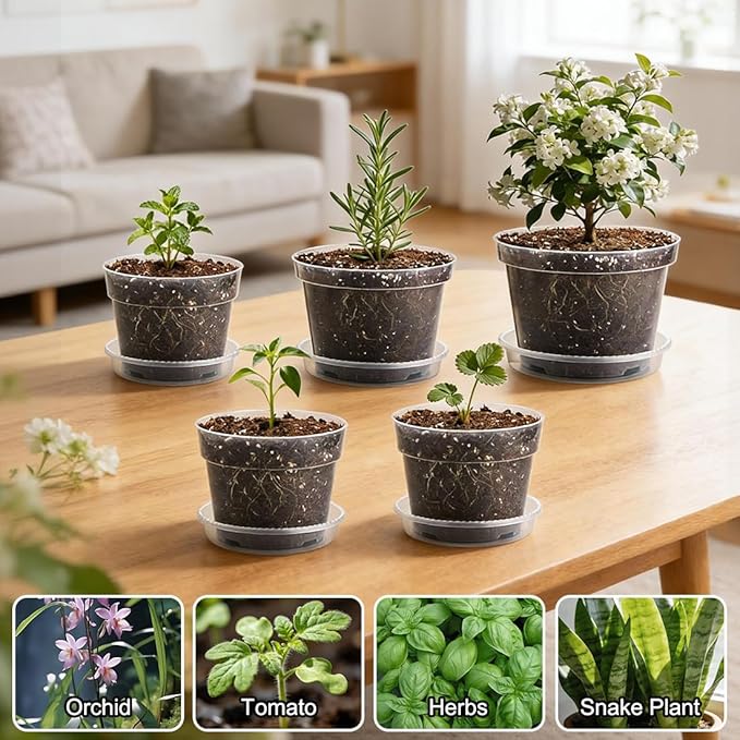 RooTrimmer 15 Pack 8/7/6 Inch Clear Nursery Pots with Saucer, Transparent Plastic Plant Pot with Drainage Hole, Sturdy Planting Starter Pots for Gardening Flower Herb Vegetable