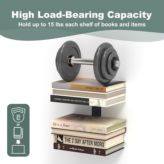 Mefirt 8 Tier Black Invisible Floating Bookshelves for Wall | Vertical Spine Book Tower, Heavy Duty Floating Book Shelves Metal Book Organizers for Home Office, 4 Pack