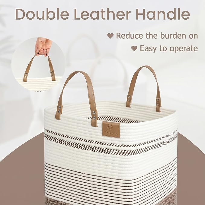danpinera 100L Nursery Hamper, Tall Woven Laundry Basket with Long Leather Handles, Boho Laundry Hamper for Living Room, Eco-friendly & Convenient Decorative Storage Basket, White & Dark Brown