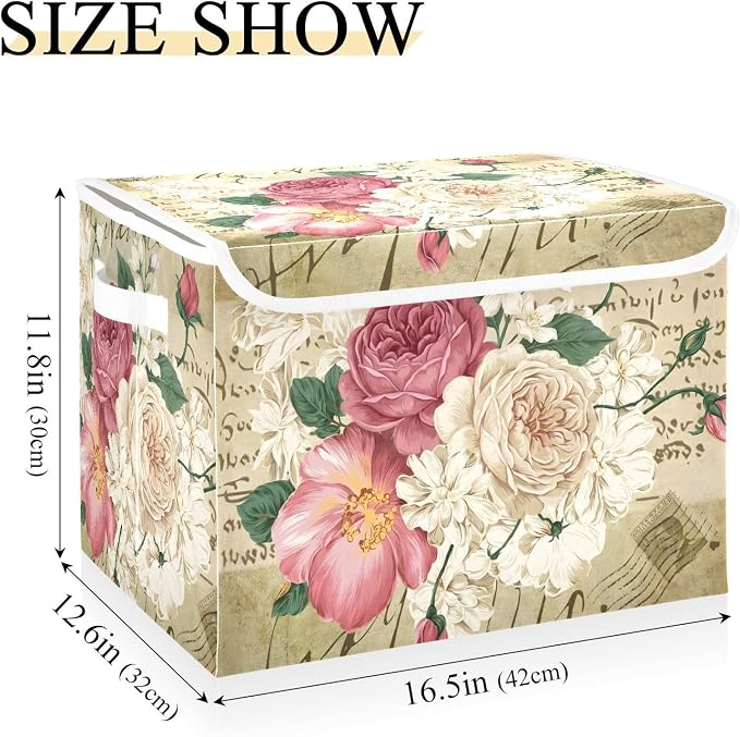 senya Flower Baskets Collapsible Storage Bins with Lids, Vintage Rose Floral Storage Boxes Clothes Baskets for Organizing