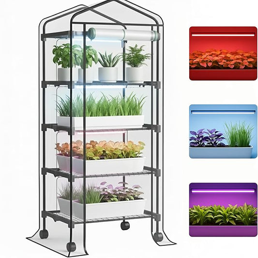 Mini Indoor Greenhouse with Grow Light - Portable Outdoor for Plants Green House Cabinet with Wheels, Tent Cover, 4 LED Lights with Dimmable 3 Color 36W, 4 Tier Gardening Shelves