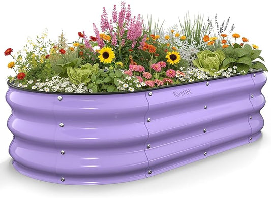 Kesfitt Raised Garden Bed, 4x2x1 FT Galvanized Steel Metal Raised Garden Bed, Oval Open-Bottom Design, 12-Inch Deep for Outdoor Vegetable & Herb Gardening, Lavender Purple