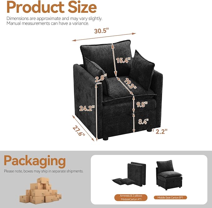 30" Modular Storage Single Sofa, Deep Seat Cloud Accent Chair, Oversized Storage Cloud Chair, Modern Chenille Reading Chair for Living Room, Apartment, Bedroom, Small Space, Black