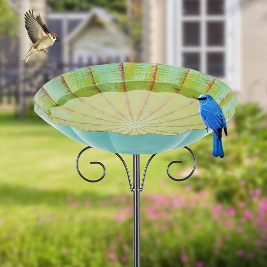 Metal Bird Baths for Outdoors, 39" H Birdbath with 10 Inch Bowl, Standing Bird Bath & Bird Feeder with Stake for Outside Garden Patio Yard Lawn Decor, Yellow Green