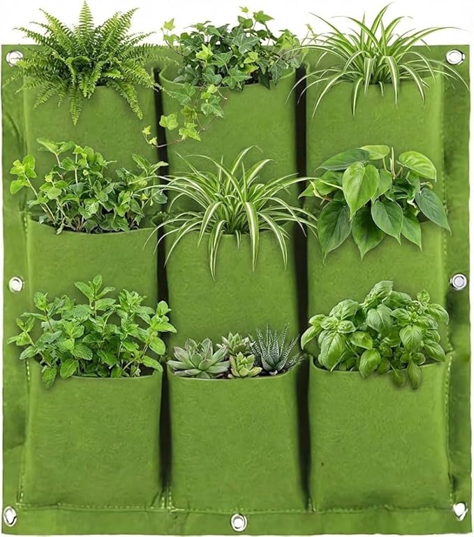 WFIST Vertical Hanging Planter Bag, Breathable Felt Wall Garden Planter with Metal Grommets, Indoor/Outdoor Space-Saving Herb & Flower Growing Pouch (9-Pocket)
