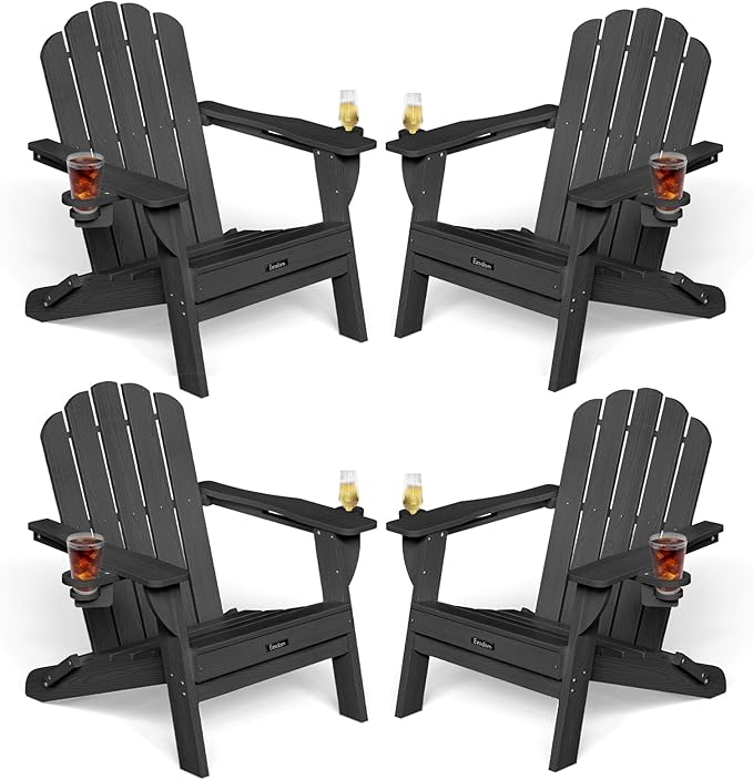 Adirondack Chairs Set of 4, Foldable Adirondack Chairs with 2 Cup Holder, Wood Texture HDPE Fire Pit Chairs, Outdoor Lawn Chair for Patio Garden, Black