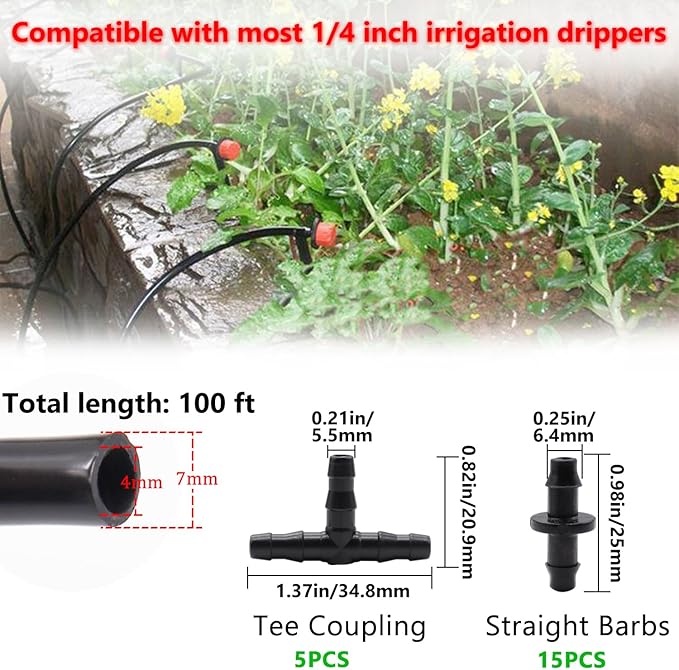 100FT 1/4" Blank Distribution Tubing - Garden Watering Tube with 20PCS Drip Irrigation Barbed Connectors