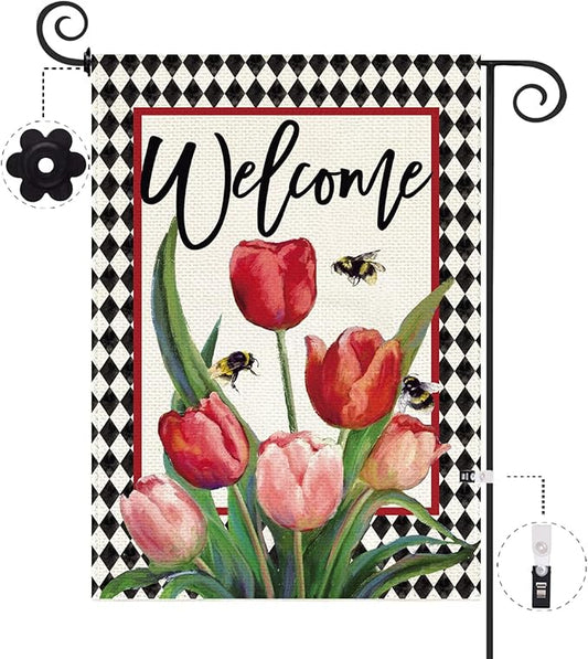 Baccessor Spring Tulip Welcome Garden Flag 12.5 x 18 Inch Double Sided Burlap Easter Floral Flowers Buffalo Plaid Small Yard Flag Summer Holiday Seasonal Outdoor Outside Decoration